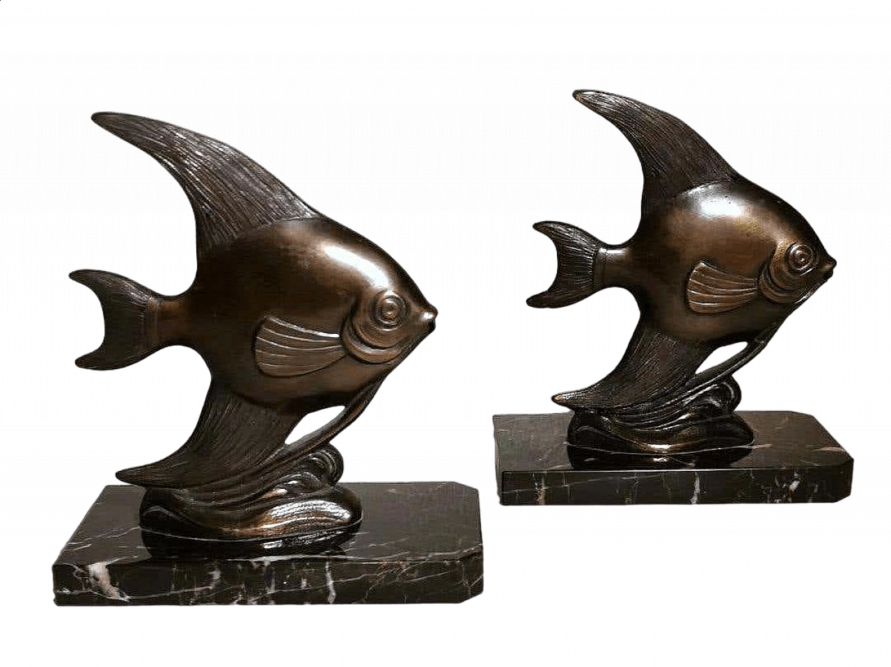 Pair of fish-shaped choice bookends with Marquinia marble base, 1930s 19