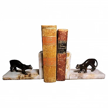 Pair of metal bookends with panthers and marble base, 1930s