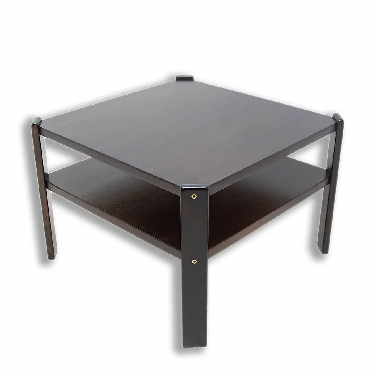 Tavolino quadrato con doppio ripiano in faggio tinto scuro, anni '80 1