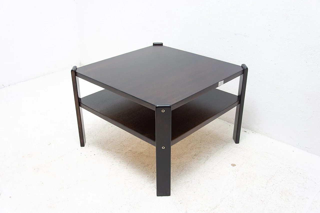 Tavolino quadrato con doppio ripiano in faggio tinto scuro, anni '80 2