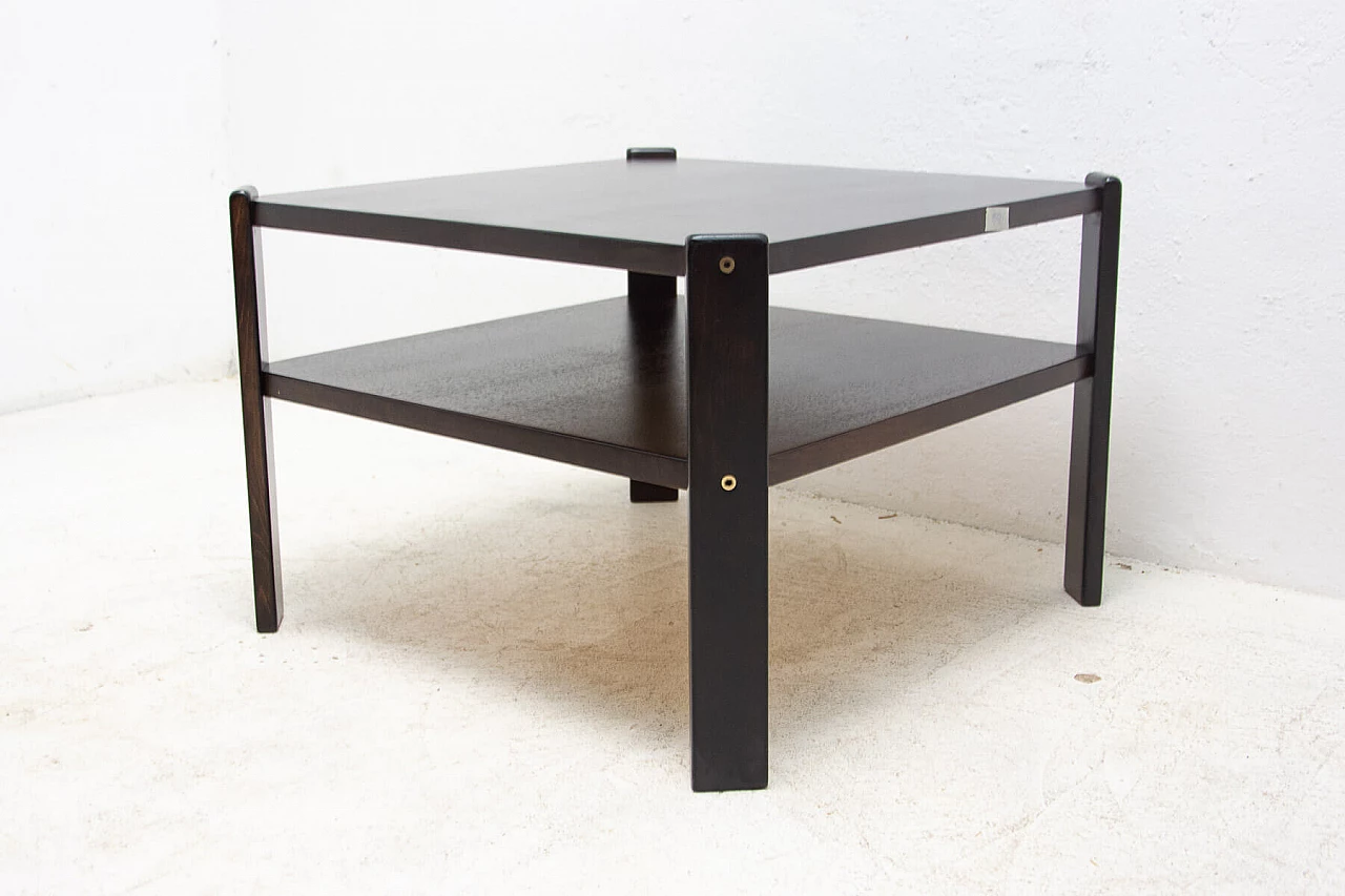 Tavolino quadrato con doppio ripiano in faggio tinto scuro, anni '80 3