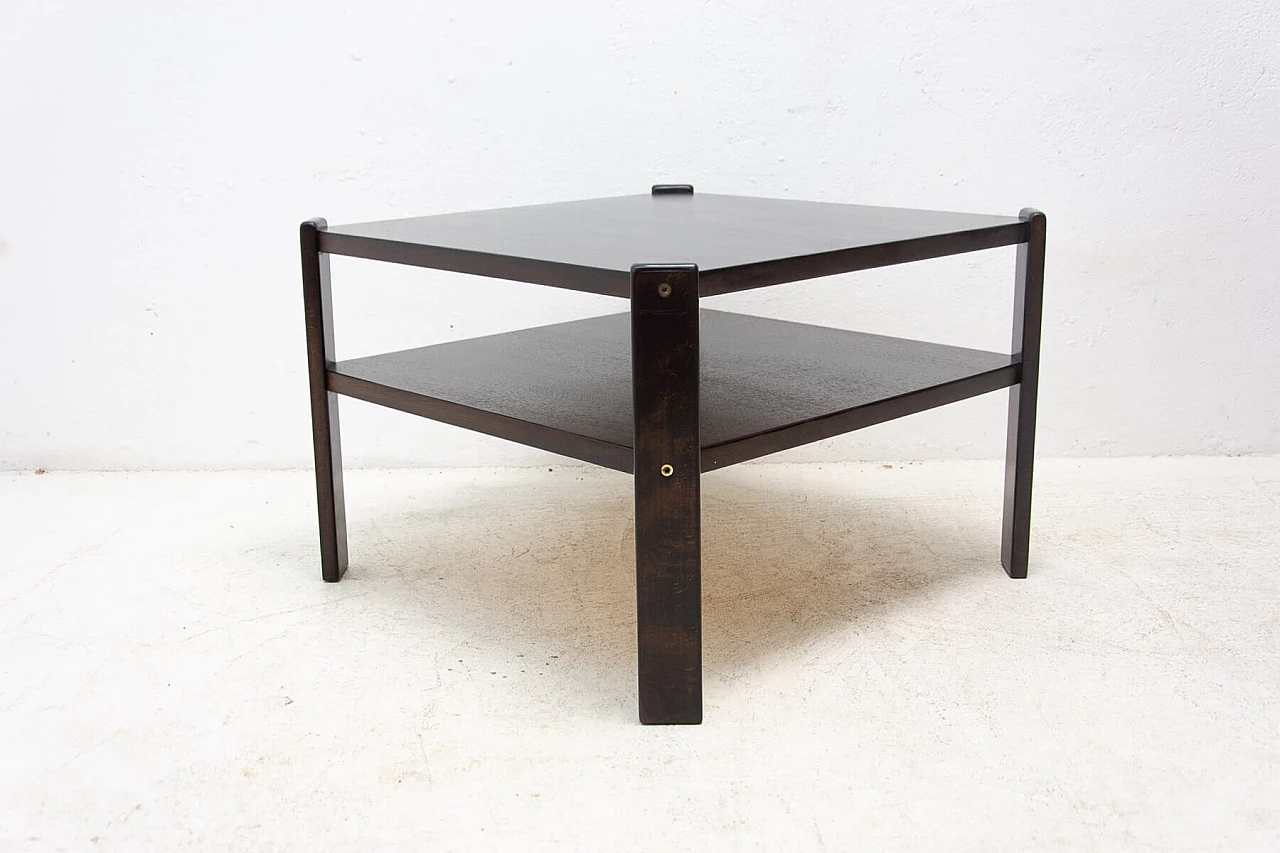 Tavolino quadrato con doppio ripiano in faggio tinto scuro, anni '80 7