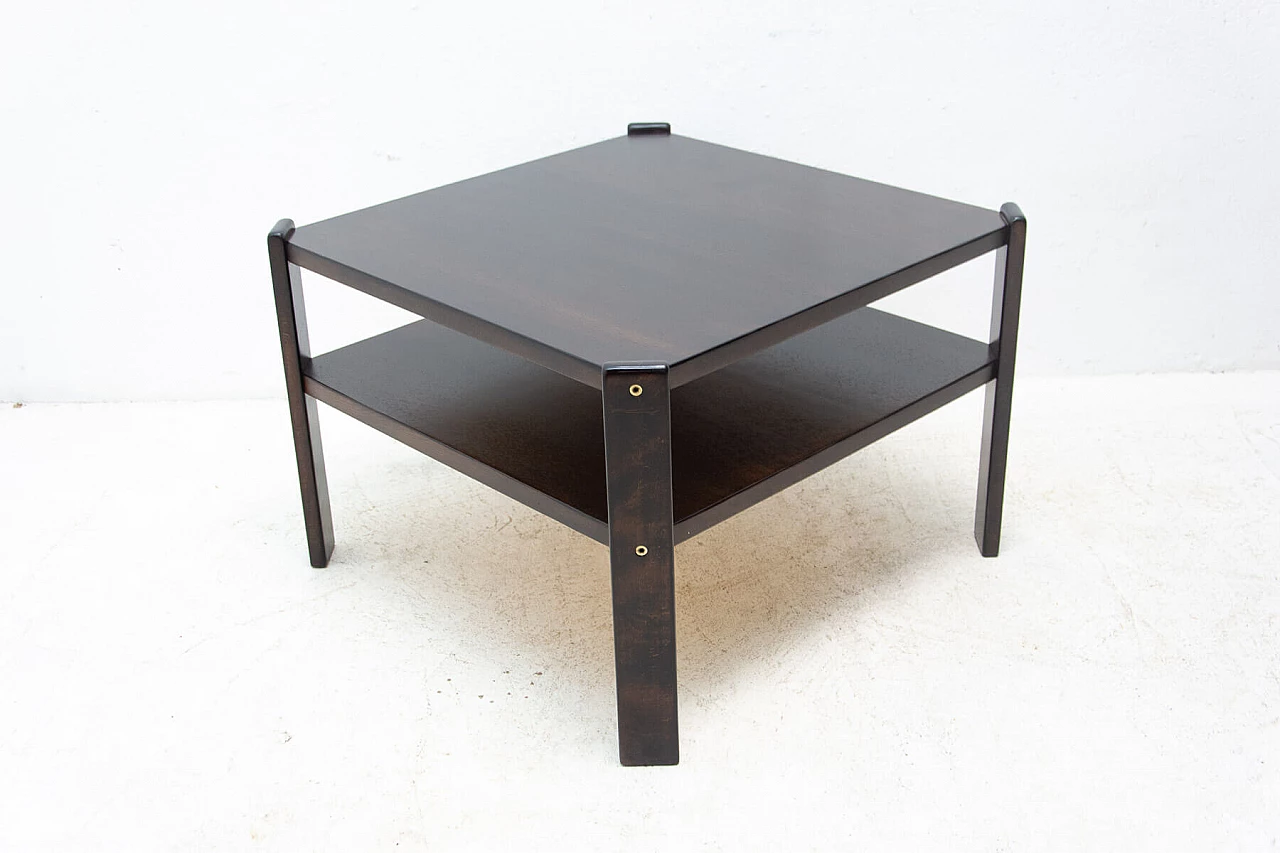 Tavolino quadrato con doppio ripiano in faggio tinto scuro, anni '80 8