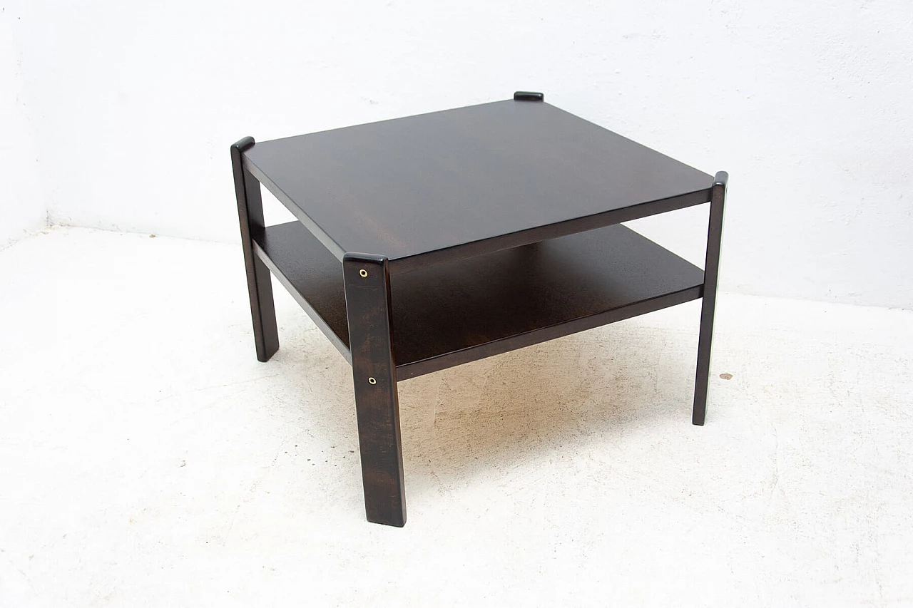 Tavolino quadrato con doppio ripiano in faggio tinto scuro, anni '80 9