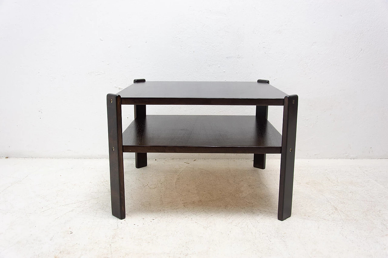 Tavolino quadrato con doppio ripiano in faggio tinto scuro, anni '80 11