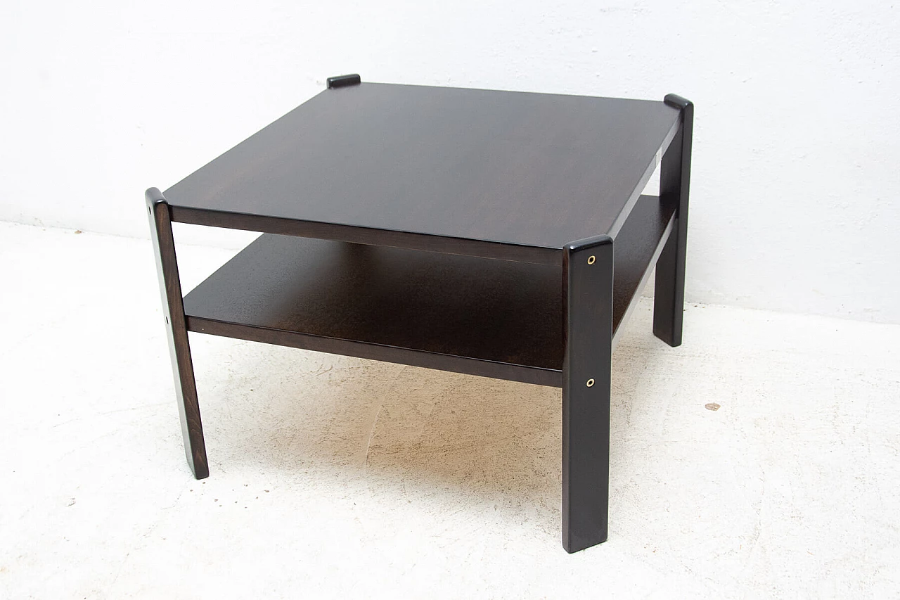 Tavolino quadrato con doppio ripiano in faggio tinto scuro, anni '80 13