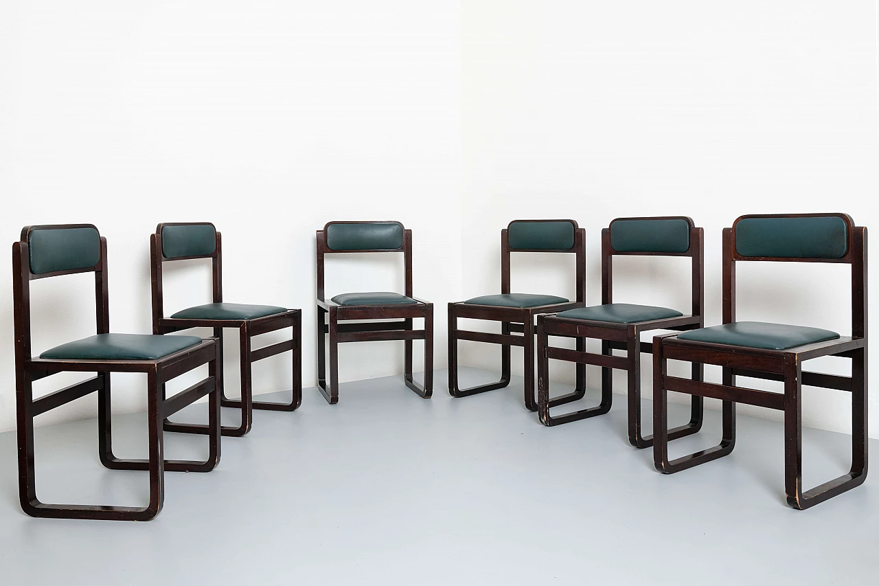 6 Chairs in walnut and green skai, 1960s 1