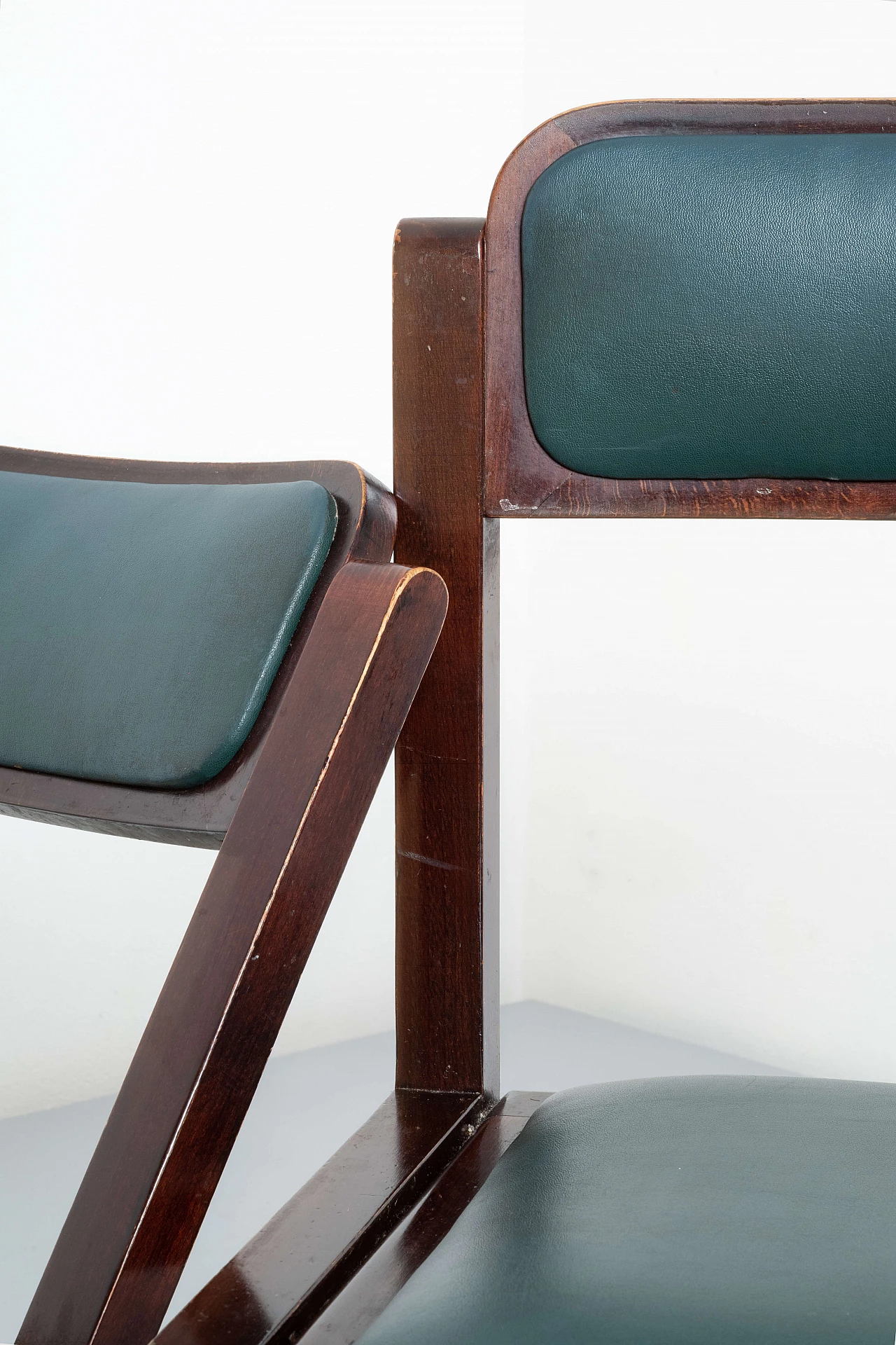 6 Chairs in walnut and green skai, 1960s 2