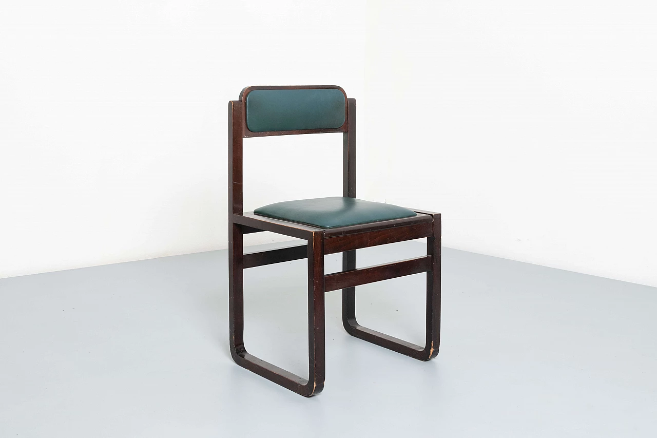 6 Chairs in walnut and green skai, 1960s 5