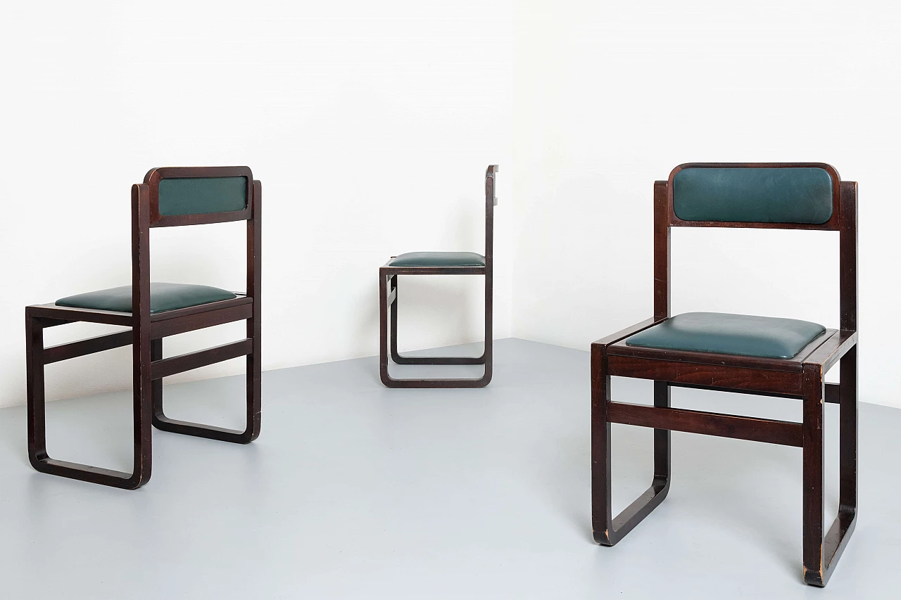 6 Chairs in walnut and green skai, 1960s 6