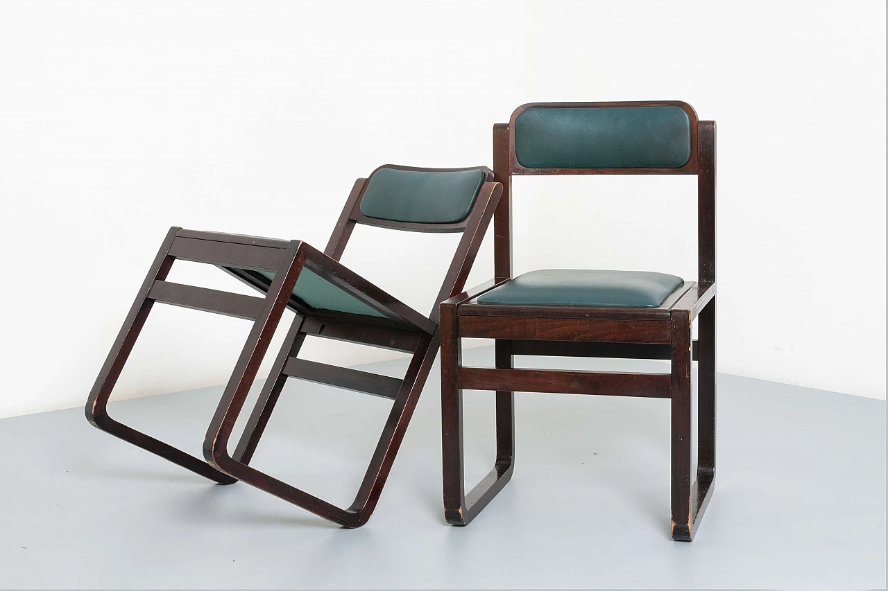 6 Chairs in walnut and green skai, 1960s 7