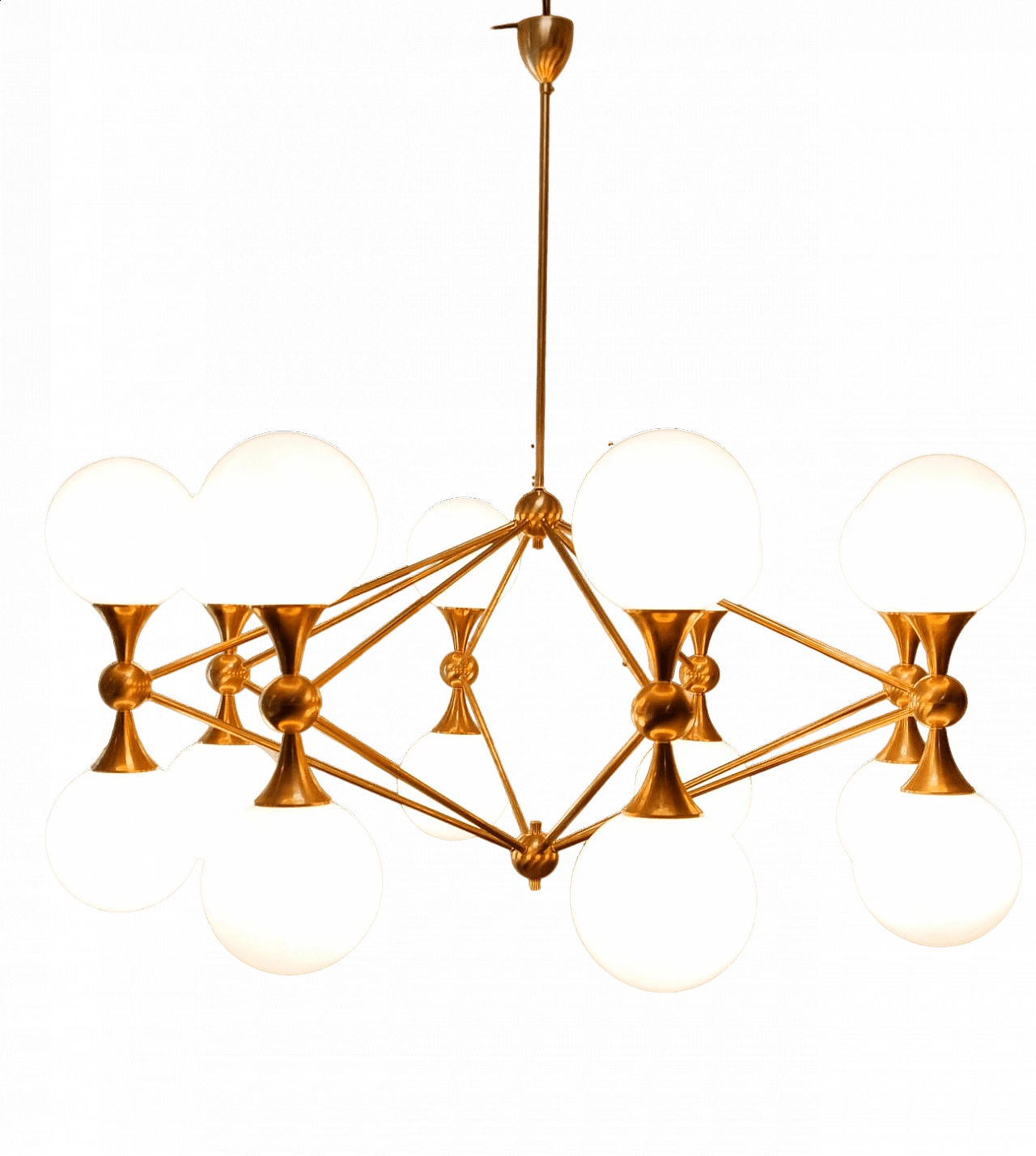 Brass chandelier 16 lights with spherical glass, 1960s 9