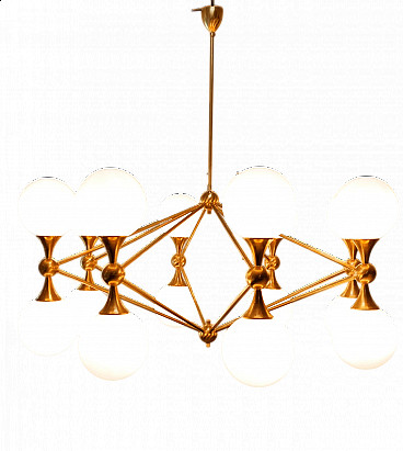 Brass chandelier 16 lights with spherical glass, 1960s