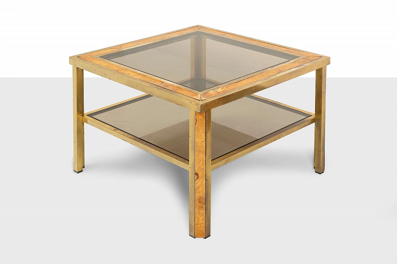 Square coffee table with two shelves in brass, briarwood and glass, 1970s 1