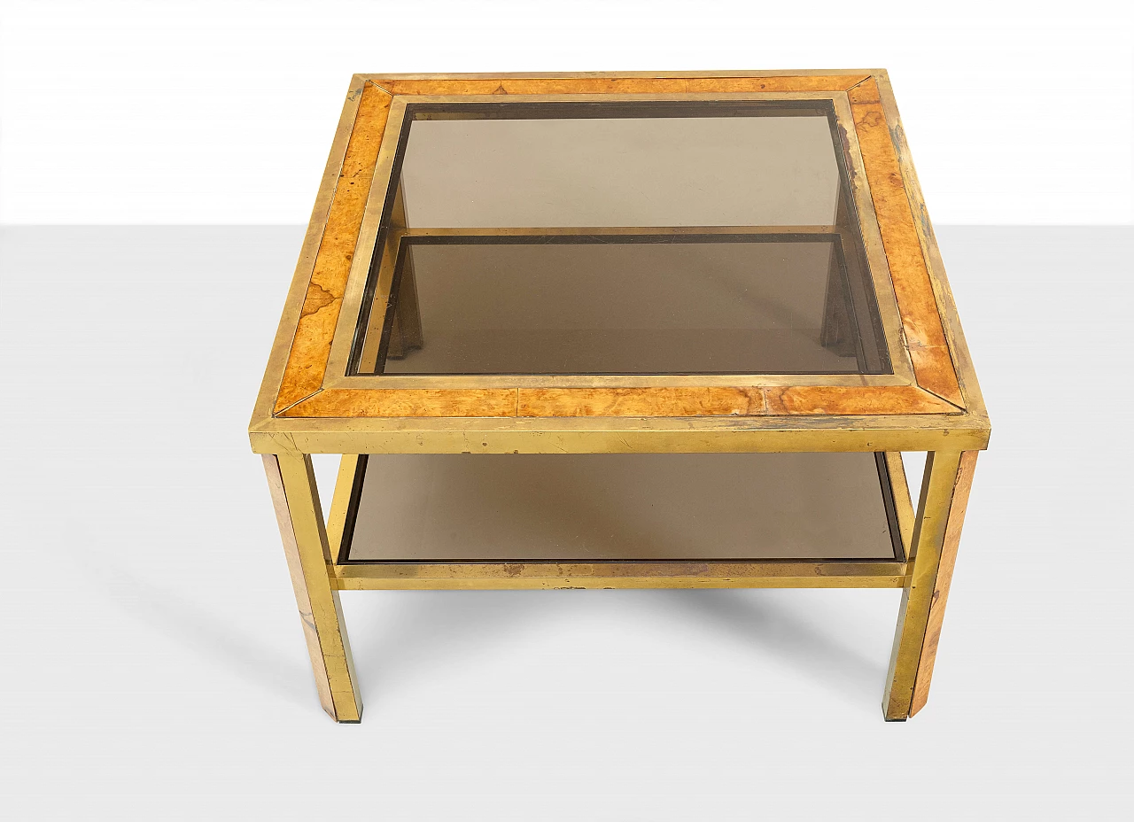 Square coffee table with two shelves in brass, briarwood and glass, 1970s 2