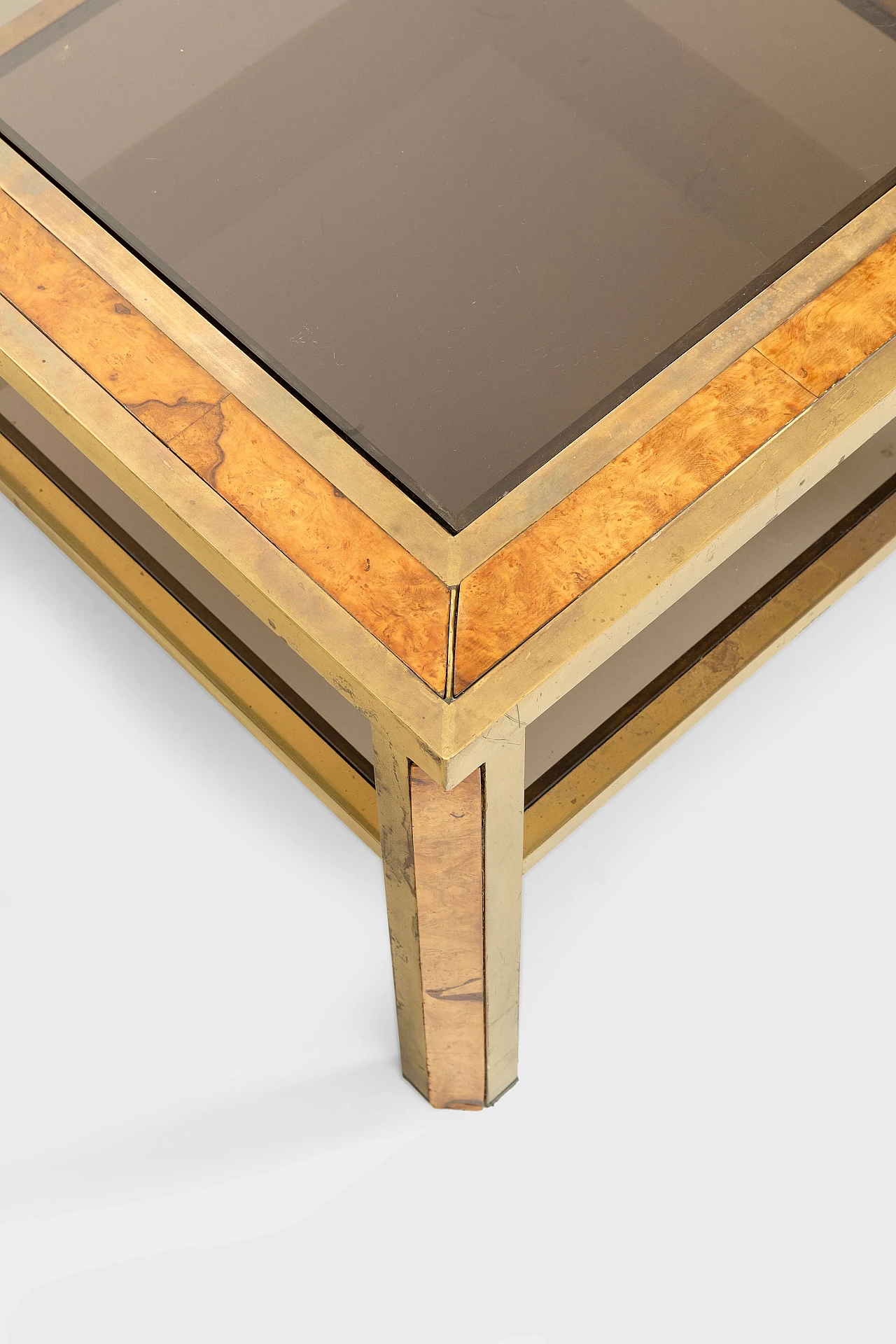 Square coffee table with two shelves in brass, briarwood and glass, 1970s 3