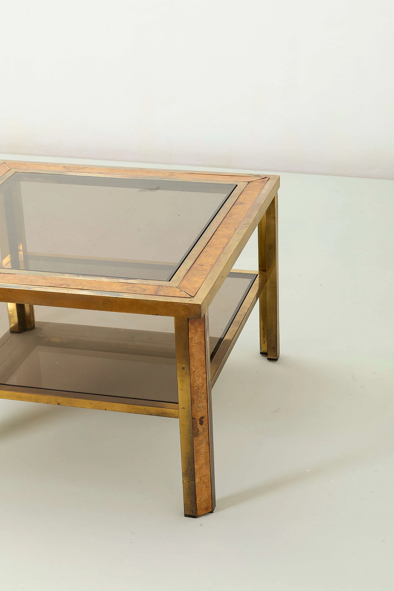 Square coffee table with two shelves in brass, briarwood and glass, 1970s 4