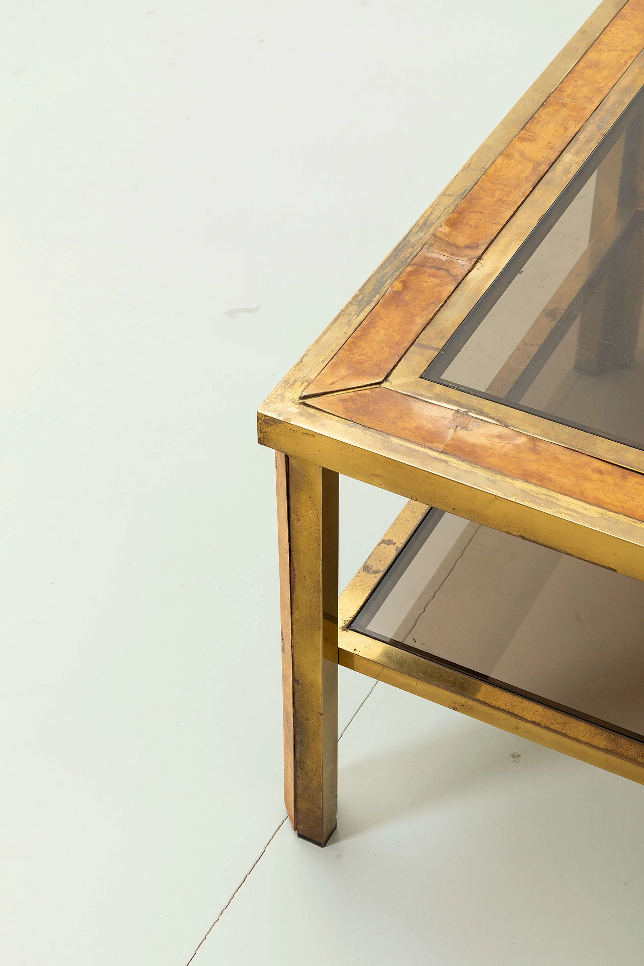Square coffee table with two shelves in brass, briarwood and glass, 1970s 5