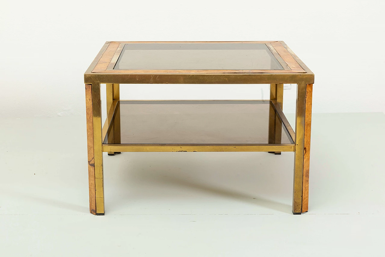 Square coffee table with two shelves in brass, briarwood and glass, 1970s 6