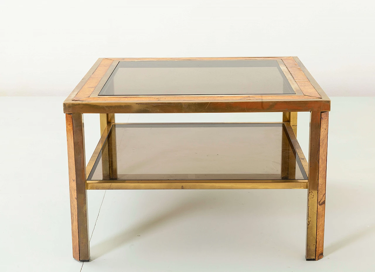 Square coffee table with two shelves in brass, briarwood and glass, 1970s 7