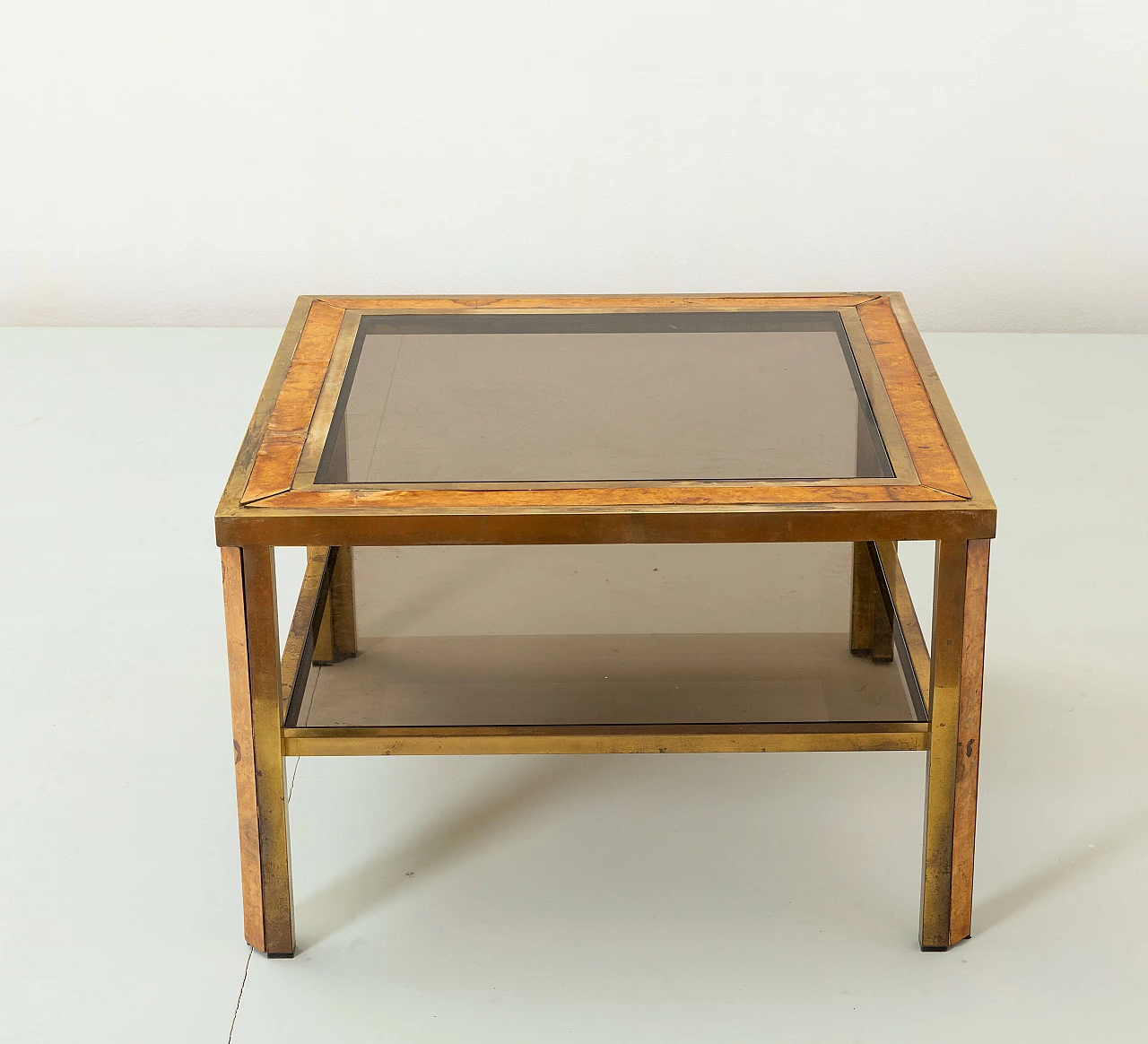 Square coffee table with two shelves in brass, briarwood and glass, 1970s 8