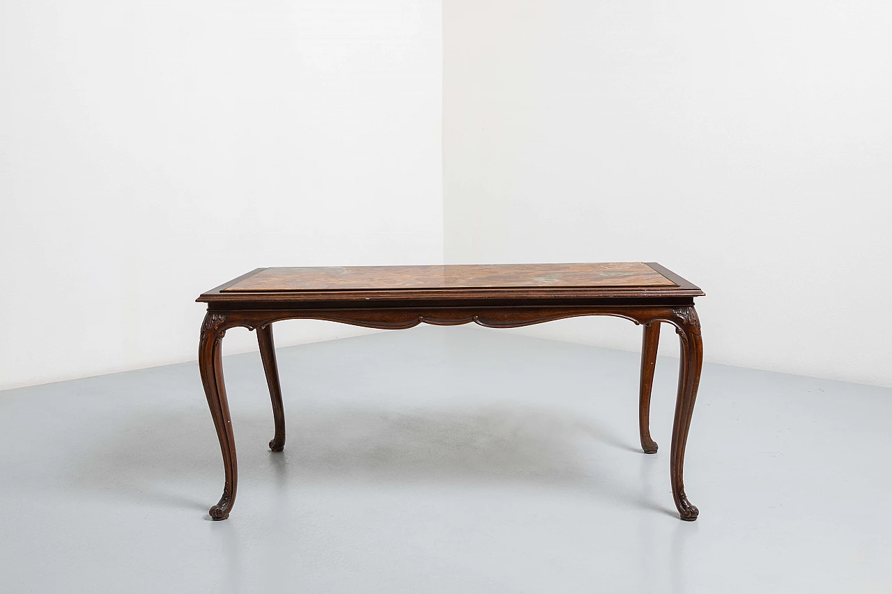 Wooden coffee table with curved legs and onyx top, 1950s 1