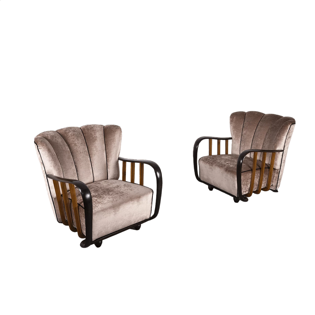 Coppia di poltrone in legno curvato e velluto rosa antico, anni '40 22