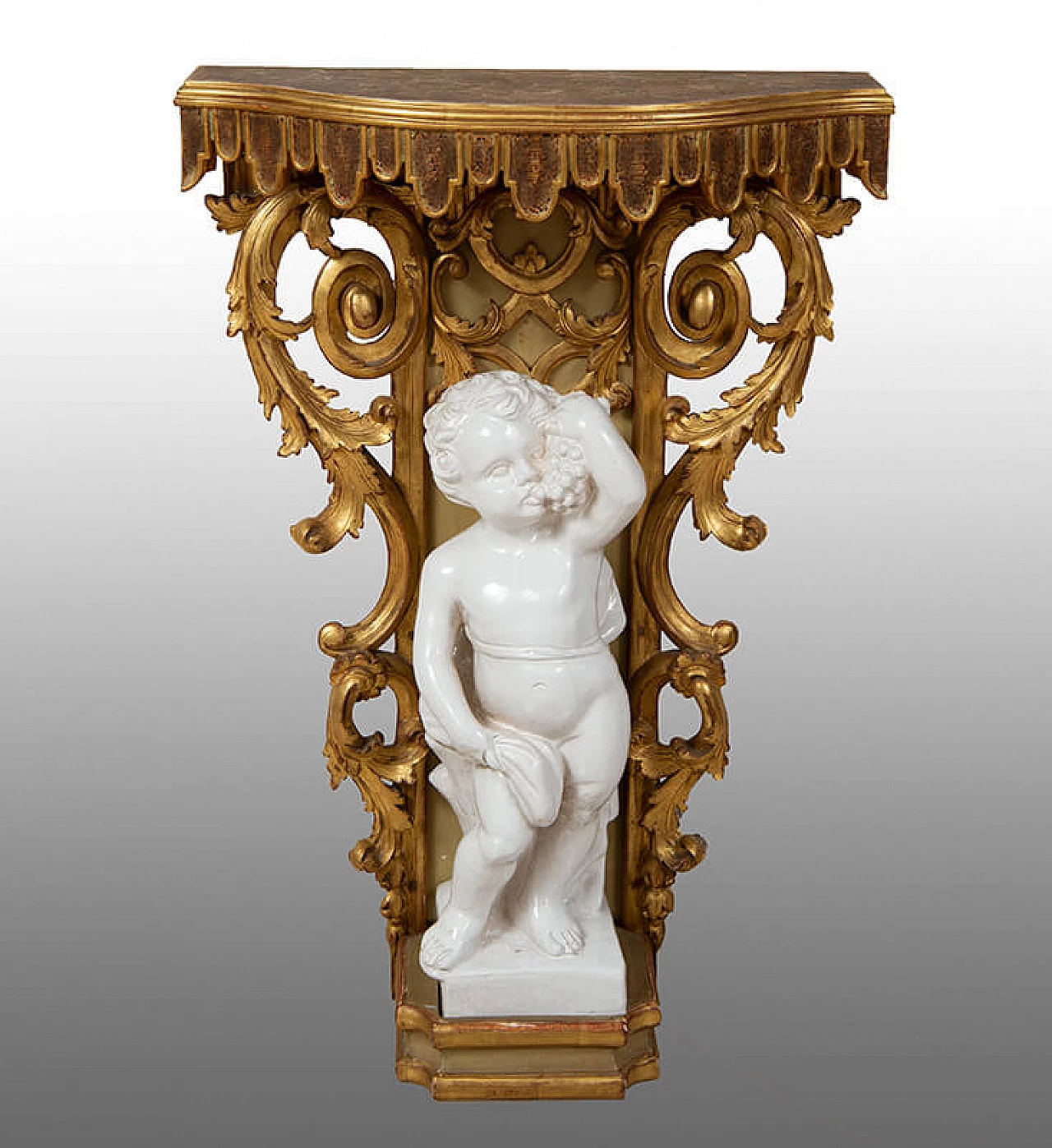 Carved wooden console table with glazed ceramic putto, early 20th century 1