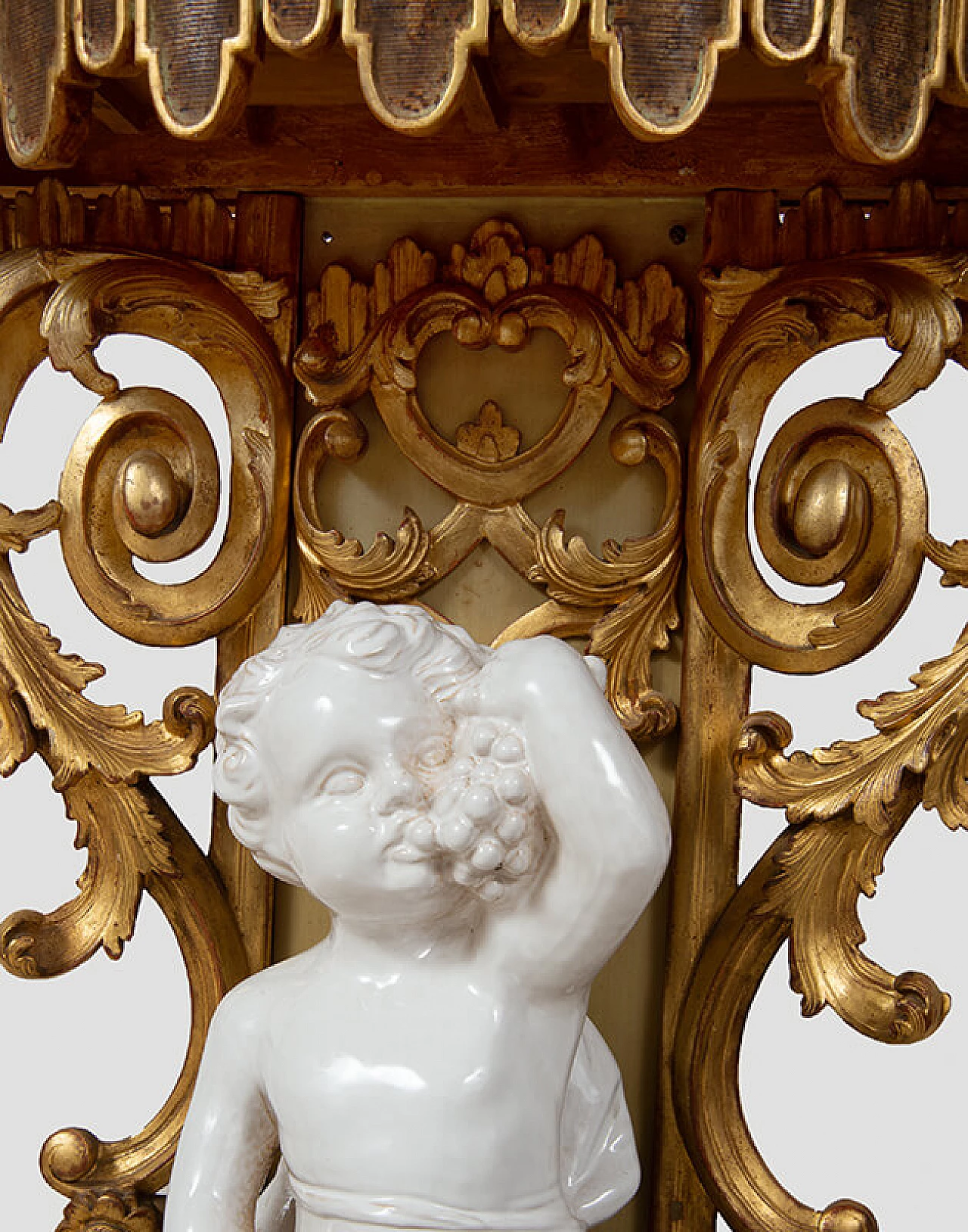 Carved wooden console table with glazed ceramic putto, early 20th century 3