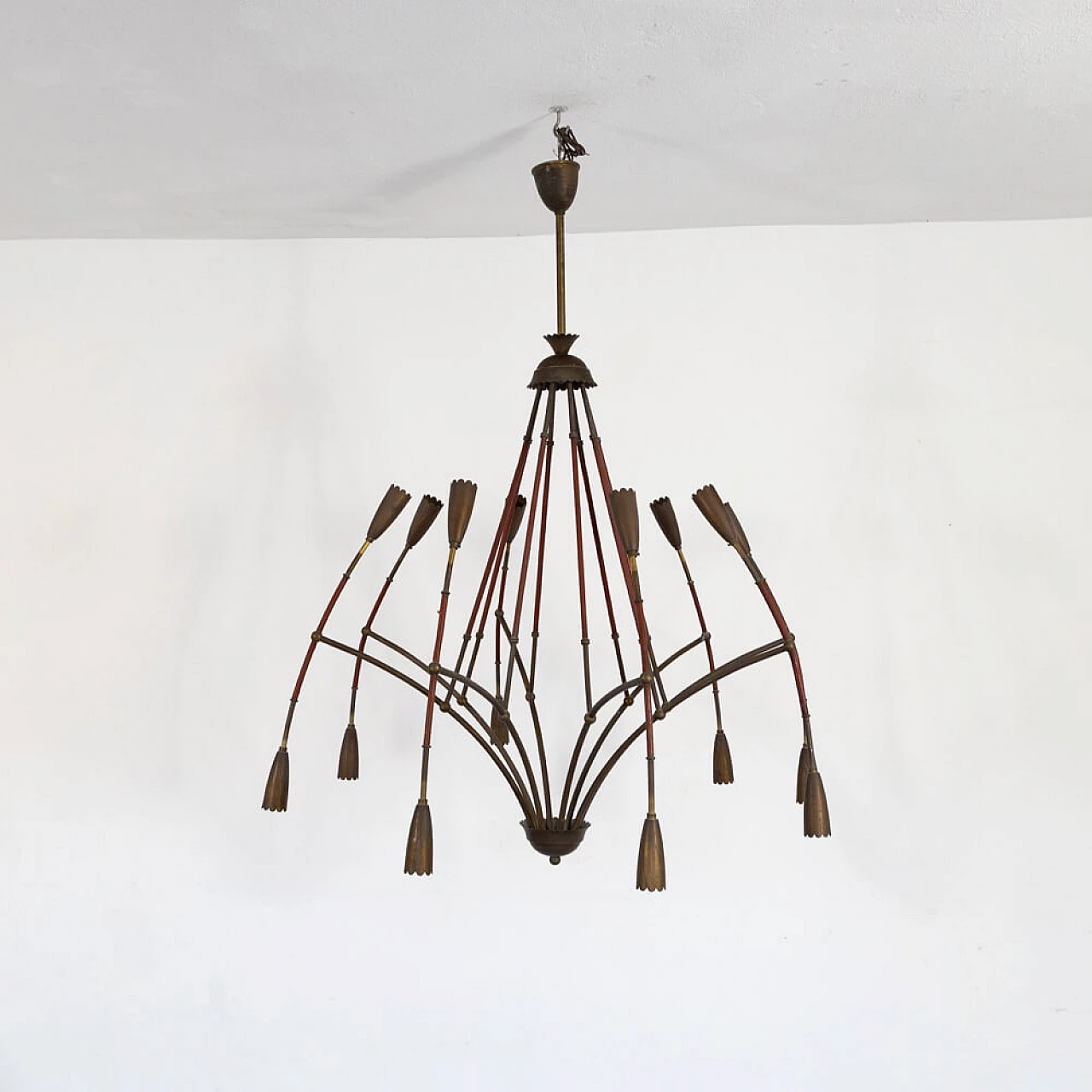 Leather and brass 8-armed chandelier, 1940s 1
