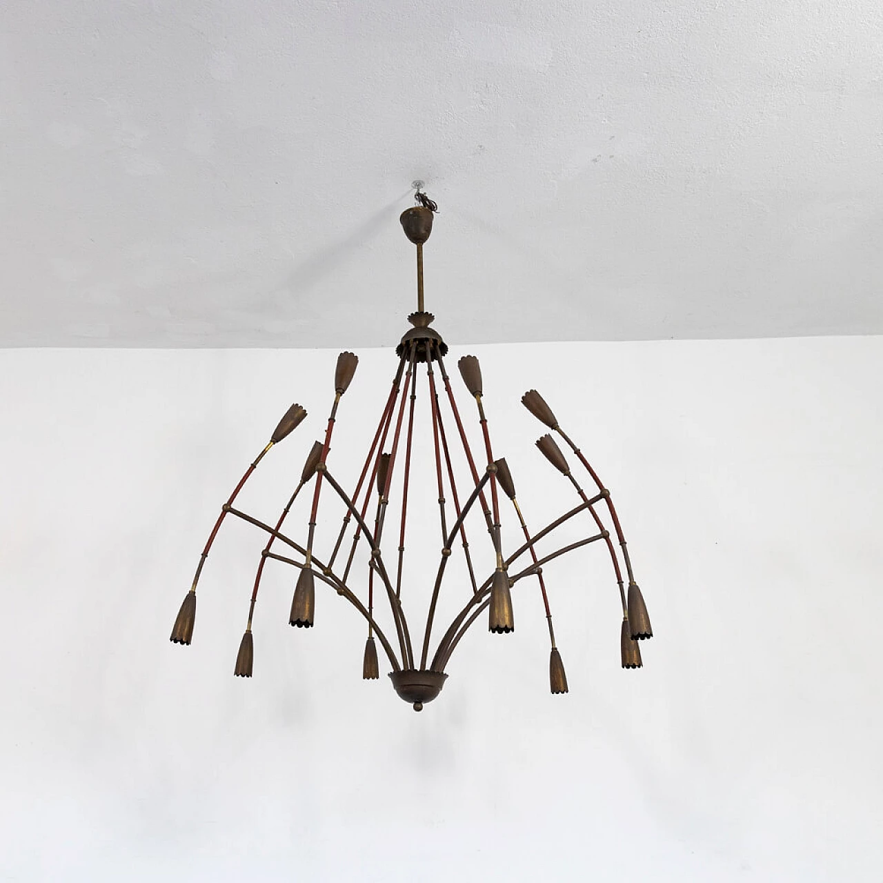 Leather and brass 8-armed chandelier, 1940s 2