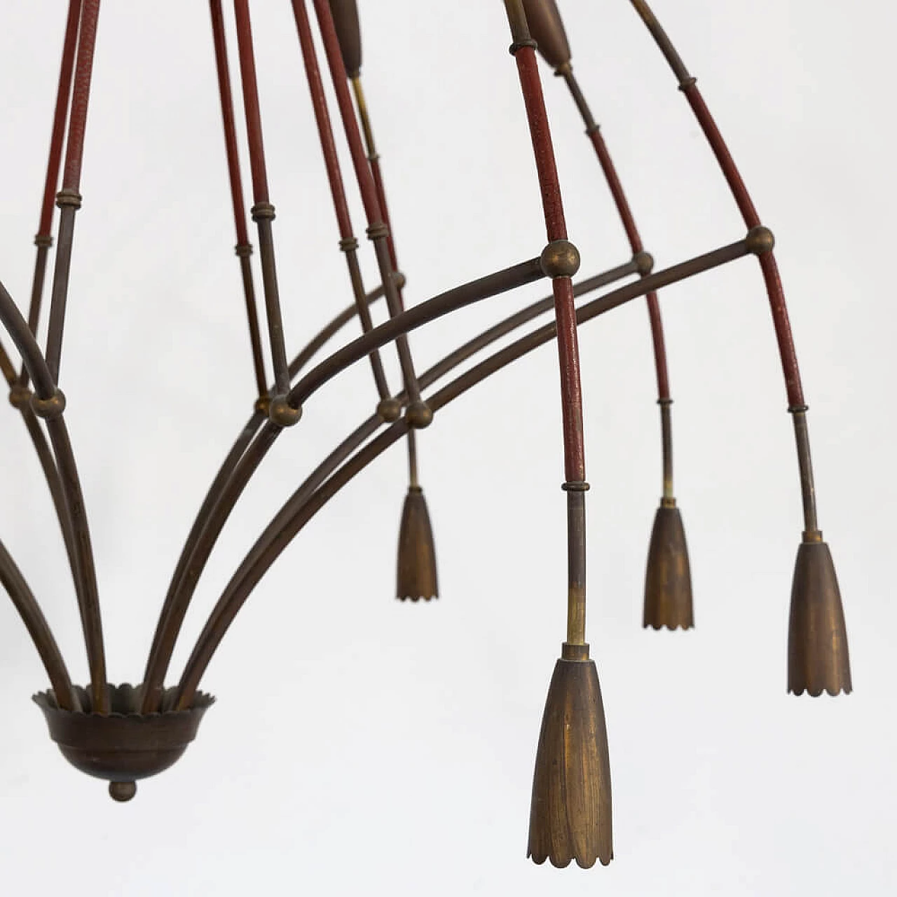 Leather and brass 8-armed chandelier, 1940s 5
