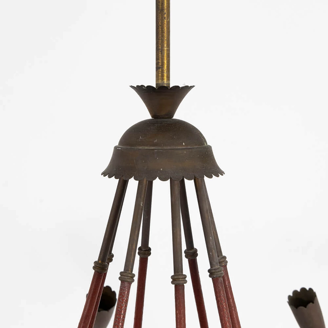 Leather and brass 8-armed chandelier, 1940s 8