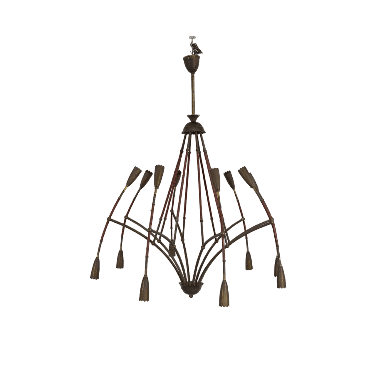 Leather and brass 8-armed chandelier, 1940s 9