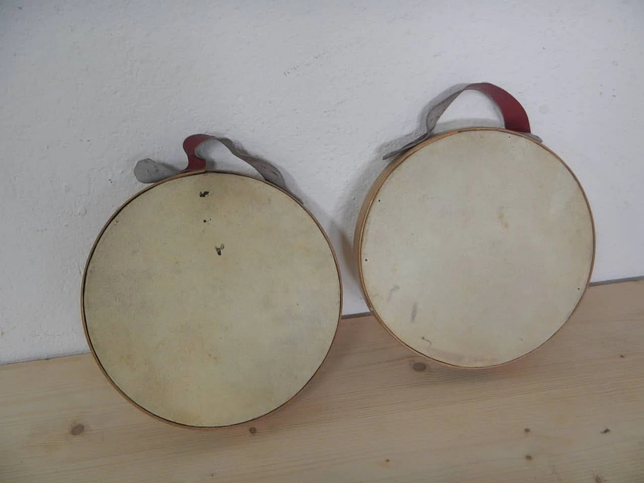 Pair of beech and leather tambourines by Olympia, 1950s 1