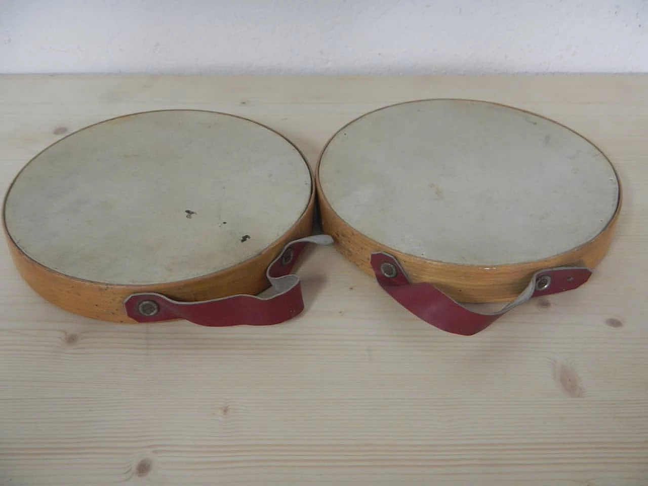 Pair of beech and leather tambourines by Olympia, 1950s 2