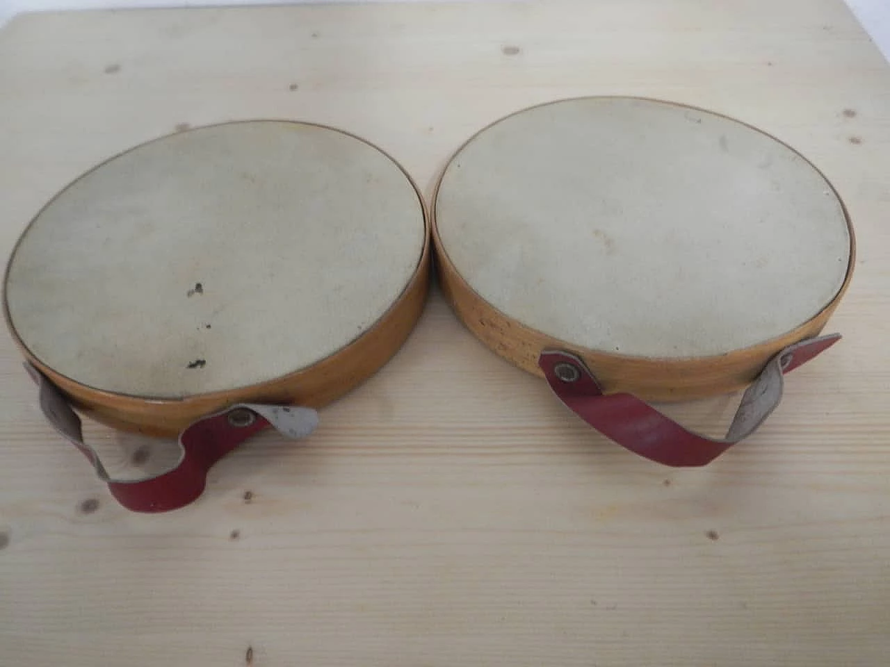 Pair of beech and leather tambourines by Olympia, 1950s 3