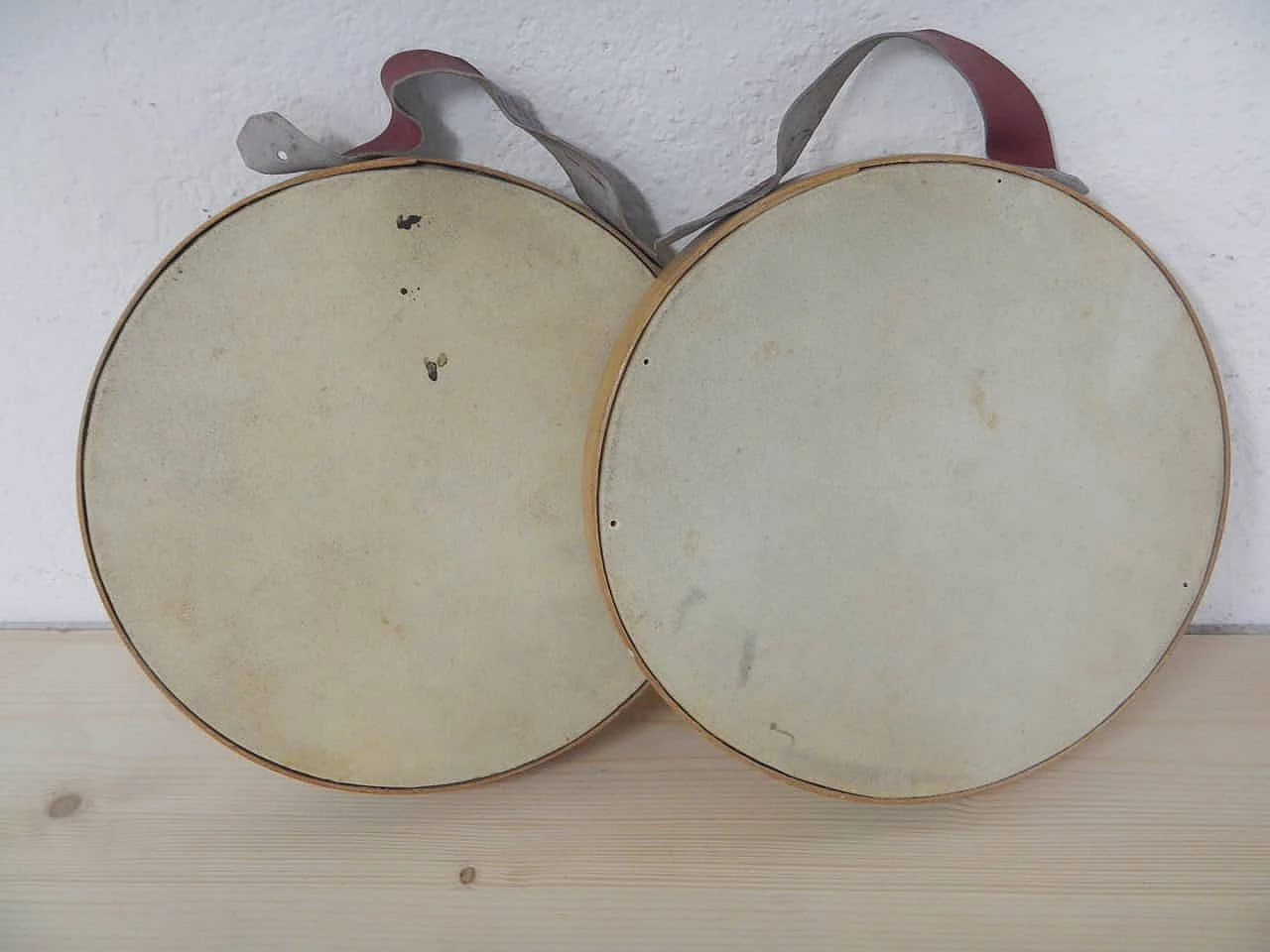 Pair of beech and leather tambourines by Olympia, 1950s 4