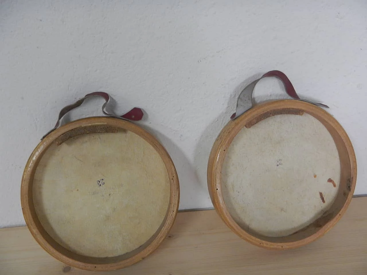 Pair of beech and leather tambourines by Olympia, 1950s 5