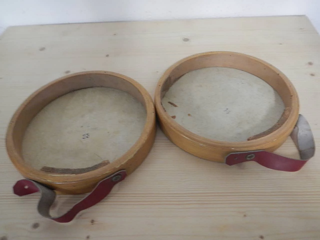 Pair of beech and leather tambourines by Olympia, 1950s 6