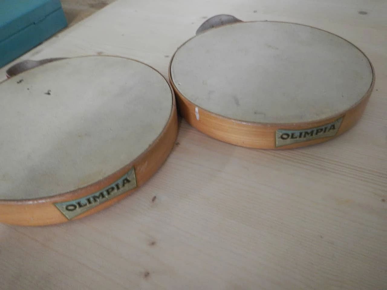 Pair of beech and leather tambourines by Olympia, 1950s 7