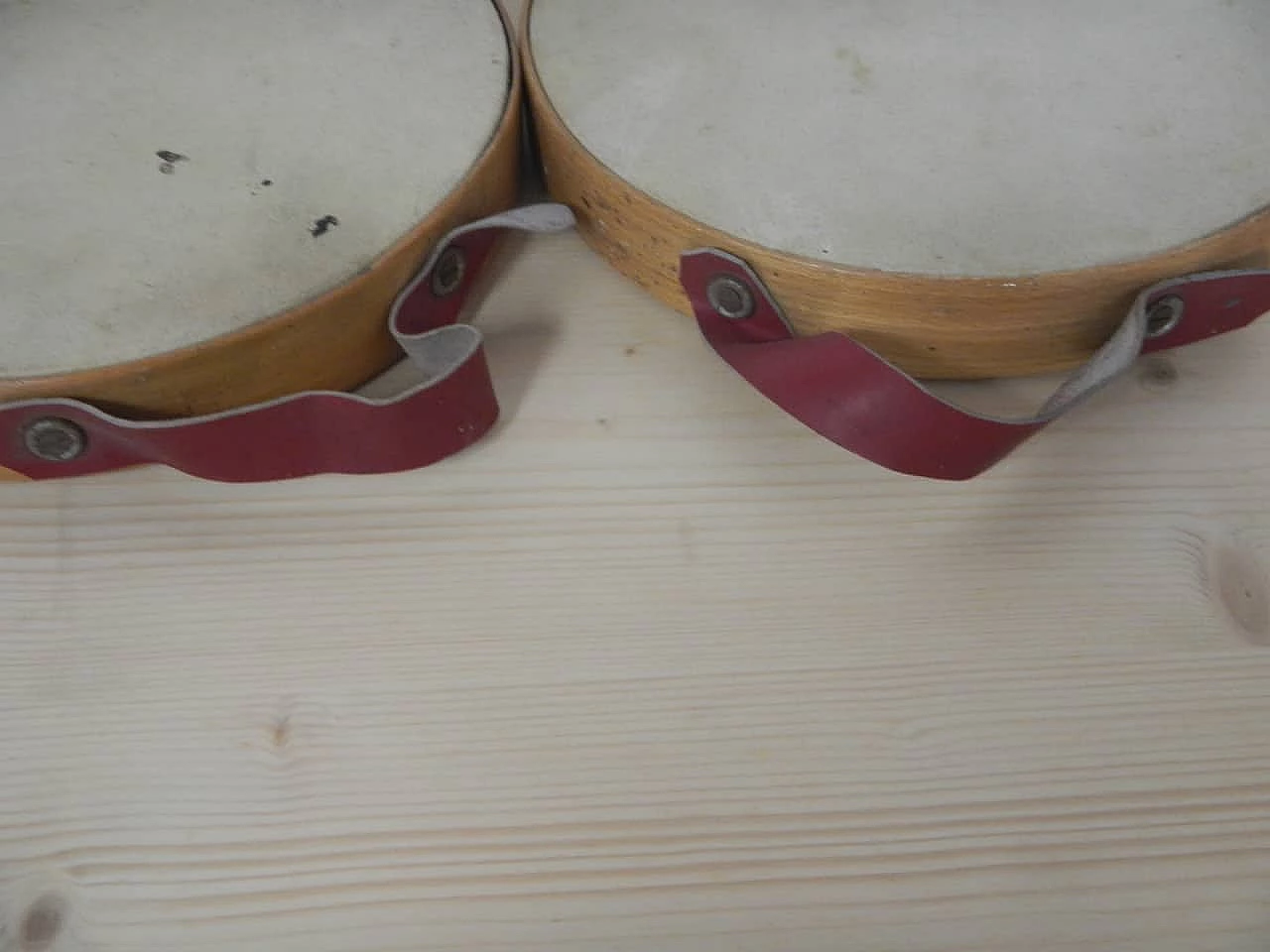 Pair of beech and leather tambourines by Olympia, 1950s 9