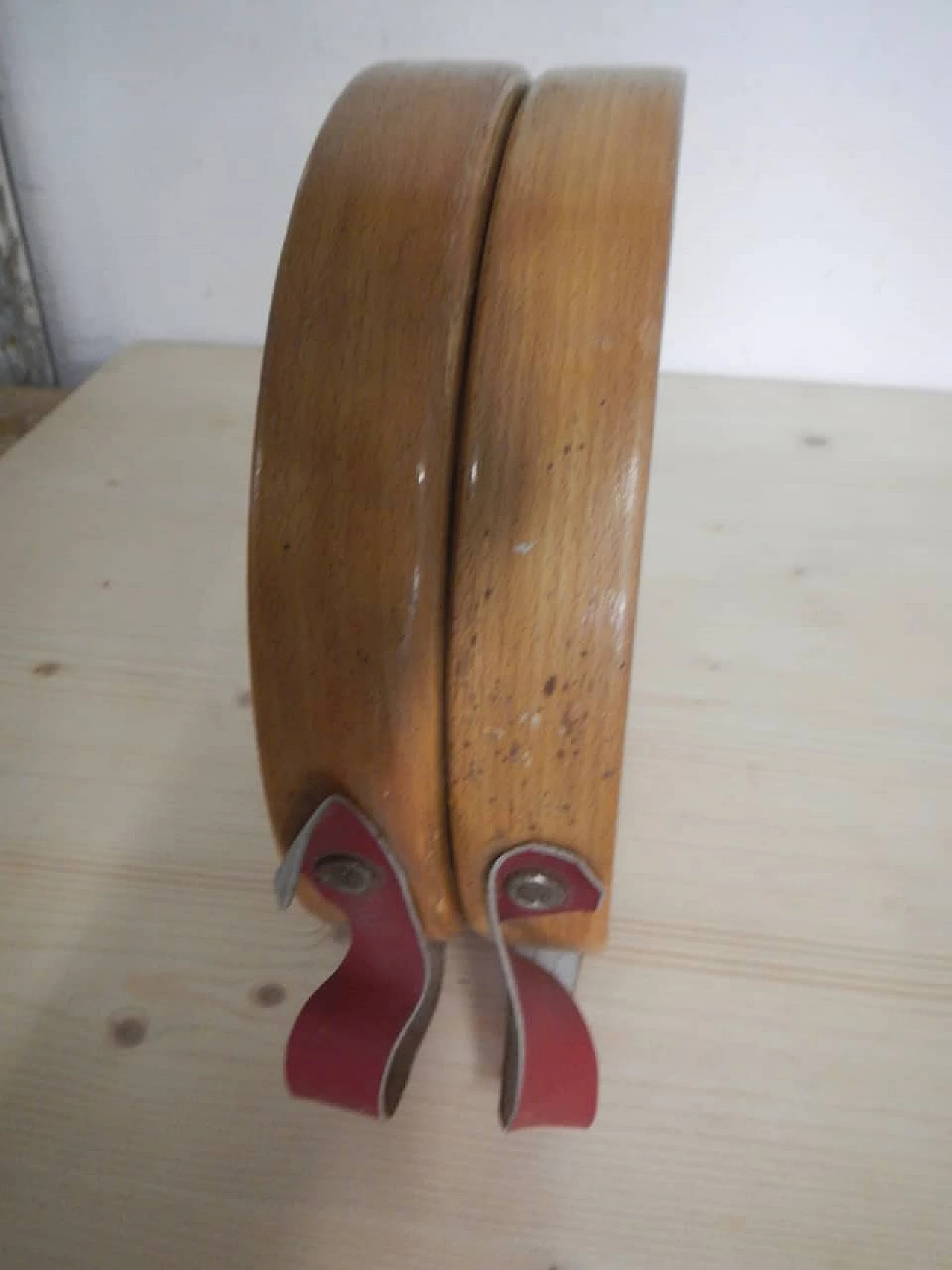 Pair of beech and leather tambourines by Olympia, 1950s 10