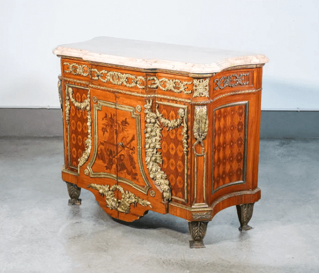 Jean Henri Riesner, Louis XV style inlaid wood dresser with marble top, early 20th century 1