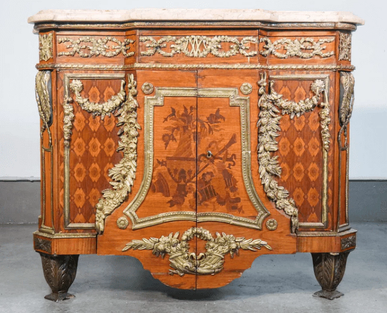 Jean Henri Riesner, Louis XV style inlaid wood dresser with marble top, early 20th century 4
