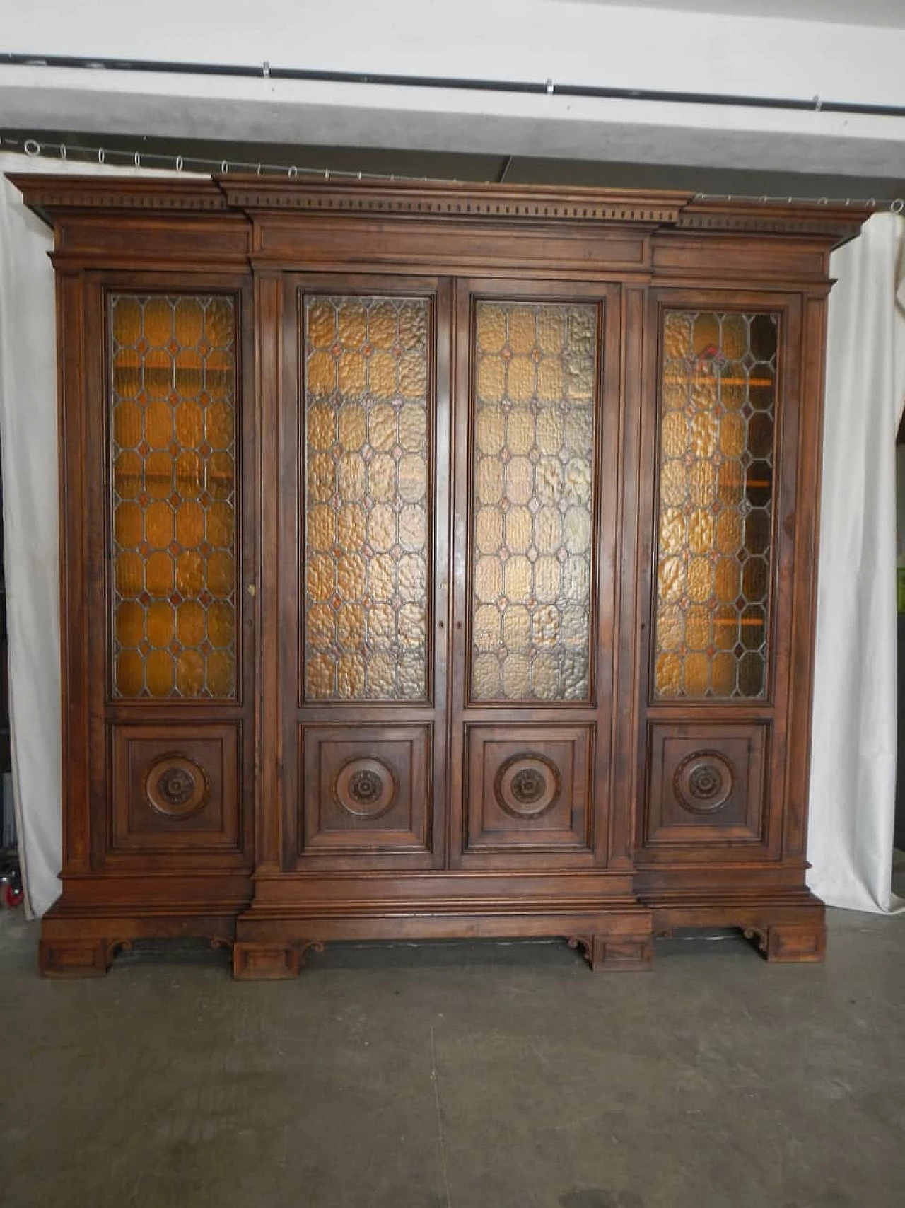 Walnut bookcase with four glass doors, 1950s 1