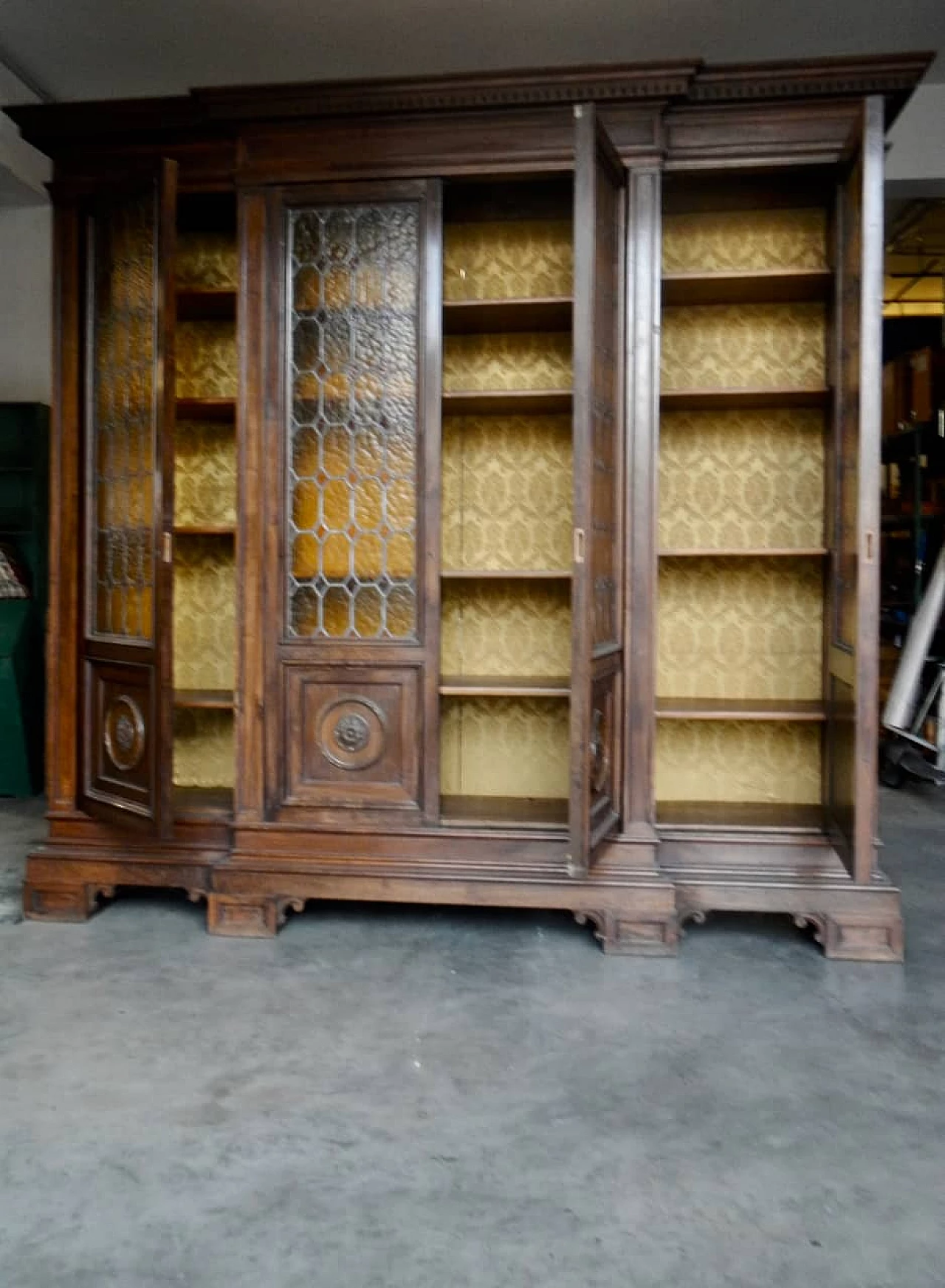 Walnut bookcase with four glass doors, 1950s 4