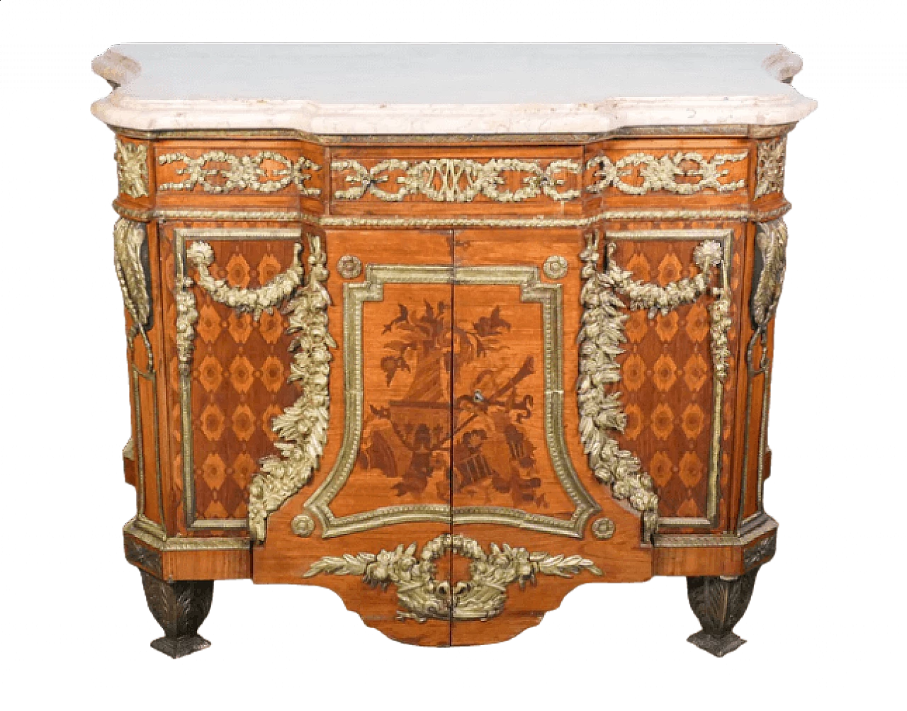 Jean Henri Riesner, comò stile Luigi XV in legno intarsiato con piano in marmo, inizio '900 12