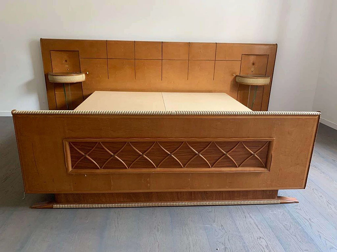 Art Deco bed with hanging nightstands and lamps, 1930s 1