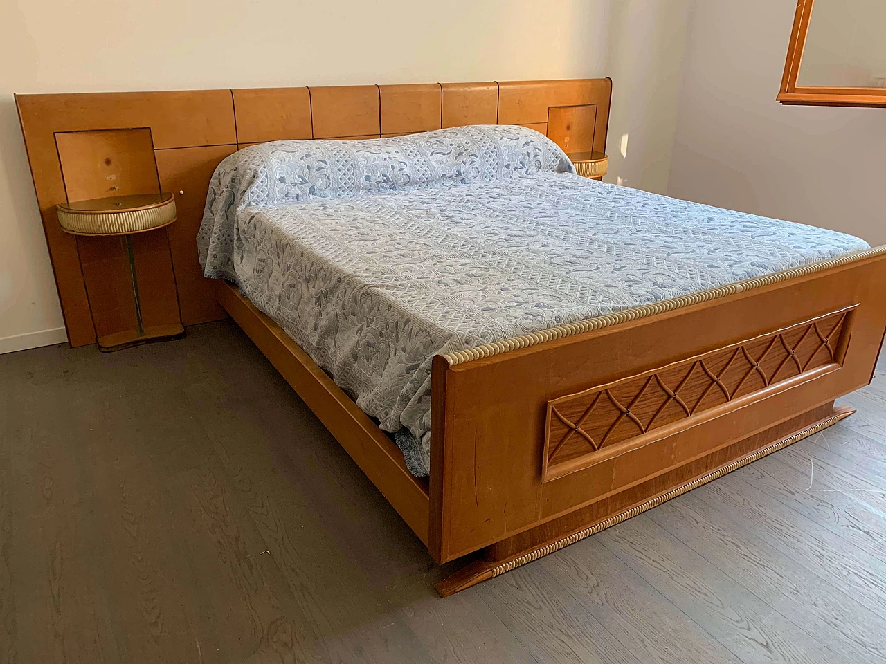 Art Deco bed with hanging nightstands and lamps, 1930s 3